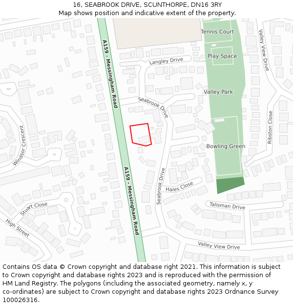 16, SEABROOK DRIVE, SCUNTHORPE, DN16 3RY: Location map and indicative extent of plot