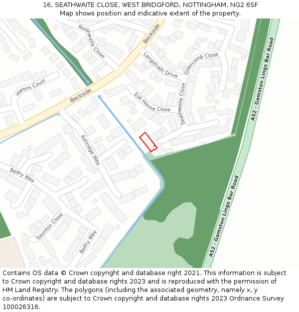 16, SEATHWAITE CLOSE, WEST BRIDGFORD, NOTTINGHAM, NG2 6SF: Location map and indicative extent of plot