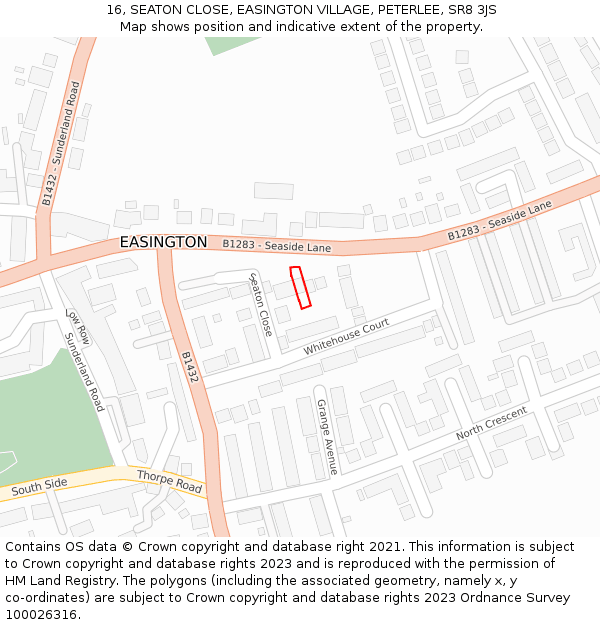 16, SEATON CLOSE, EASINGTON VILLAGE, PETERLEE, SR8 3JS: Location map and indicative extent of plot