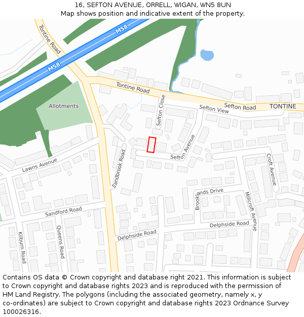 16, SEFTON AVENUE, ORRELL, WIGAN, WN5 8UN: Location map and indicative extent of plot