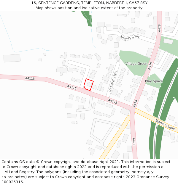 16, SENTENCE GARDENS, TEMPLETON, NARBERTH, SA67 8SY: Location map and indicative extent of plot