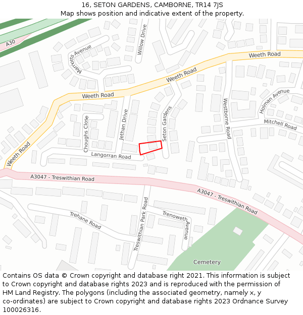 16, SETON GARDENS, CAMBORNE, TR14 7JS: Location map and indicative extent of plot