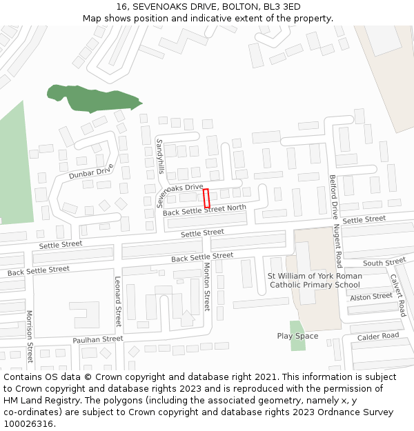 16, SEVENOAKS DRIVE, BOLTON, BL3 3ED: Location map and indicative extent of plot