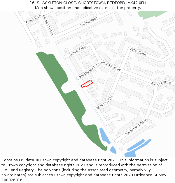 16, SHACKLETON CLOSE, SHORTSTOWN, BEDFORD, MK42 0FH: Location map and indicative extent of plot