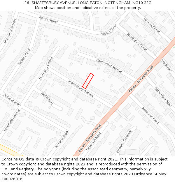 16, SHAFTESBURY AVENUE, LONG EATON, NOTTINGHAM, NG10 3FG: Location map and indicative extent of plot