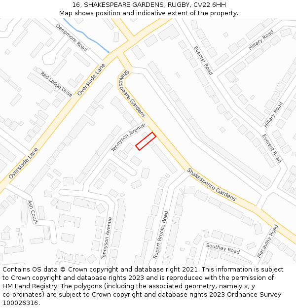 16, SHAKESPEARE GARDENS, RUGBY, CV22 6HH: Location map and indicative extent of plot