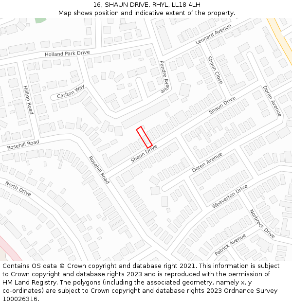 16, SHAUN DRIVE, RHYL, LL18 4LH: Location map and indicative extent of plot