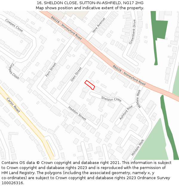 16, SHELDON CLOSE, SUTTON-IN-ASHFIELD, NG17 2HG: Location map and indicative extent of plot