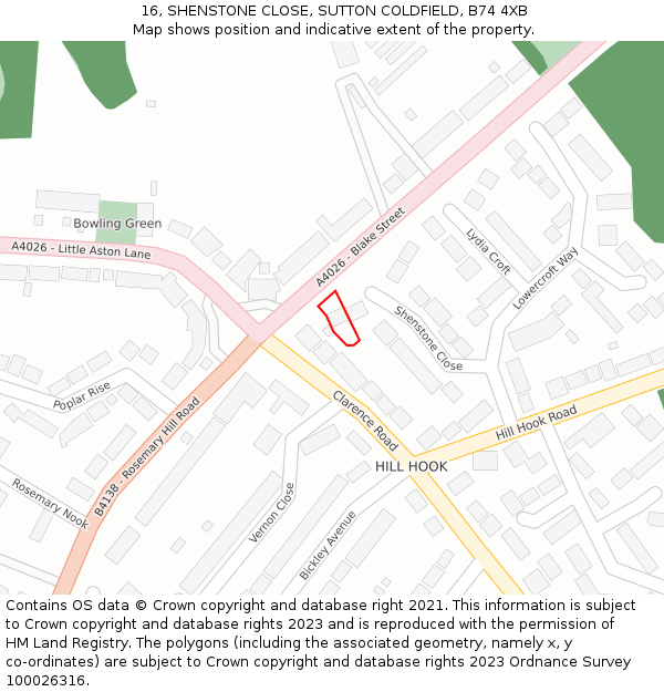 16, SHENSTONE CLOSE, SUTTON COLDFIELD, B74 4XB: Location map and indicative extent of plot
