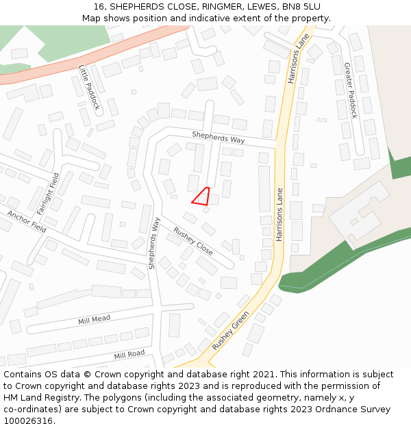 16, SHEPHERDS CLOSE, RINGMER, LEWES, BN8 5LU: Location map and indicative extent of plot