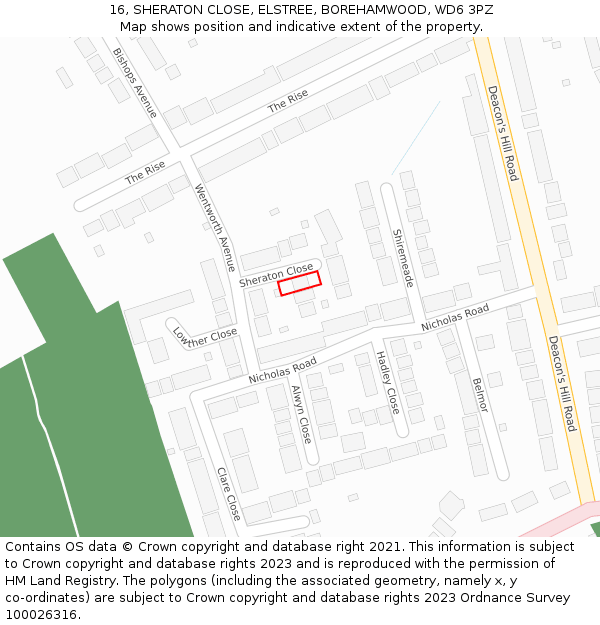 16, SHERATON CLOSE, ELSTREE, BOREHAMWOOD, WD6 3PZ: Location map and indicative extent of plot