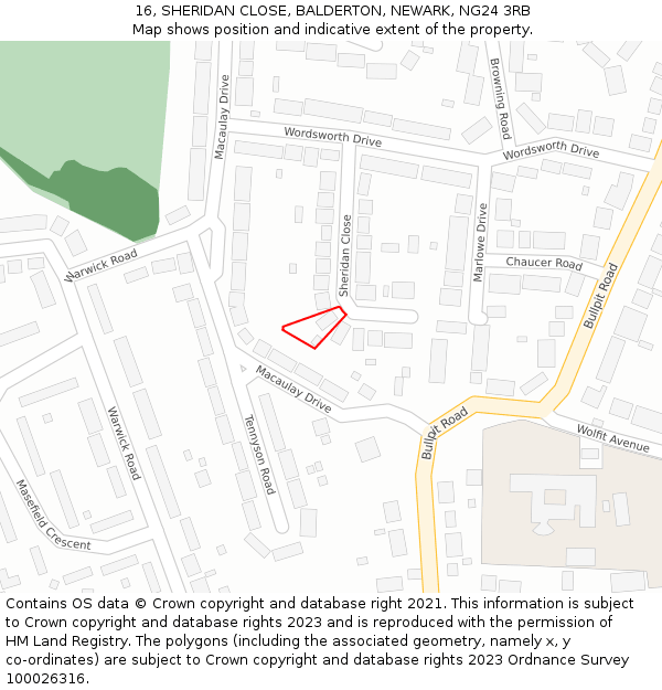 16, SHERIDAN CLOSE, BALDERTON, NEWARK, NG24 3RB: Location map and indicative extent of plot