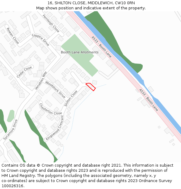 16, SHILTON CLOSE, MIDDLEWICH, CW10 0RN: Location map and indicative extent of plot