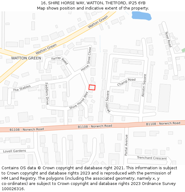 16, SHIRE HORSE WAY, WATTON, THETFORD, IP25 6YB: Location map and indicative extent of plot