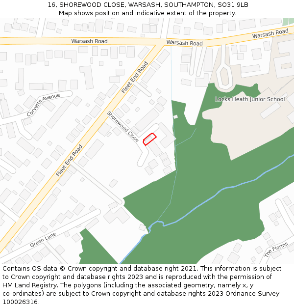 16, SHOREWOOD CLOSE, WARSASH, SOUTHAMPTON, SO31 9LB: Location map and indicative extent of plot