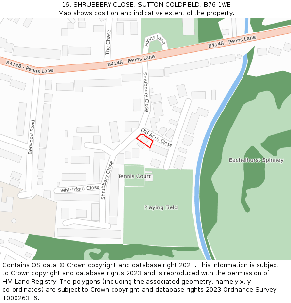 16, SHRUBBERY CLOSE, SUTTON COLDFIELD, B76 1WE: Location map and indicative extent of plot