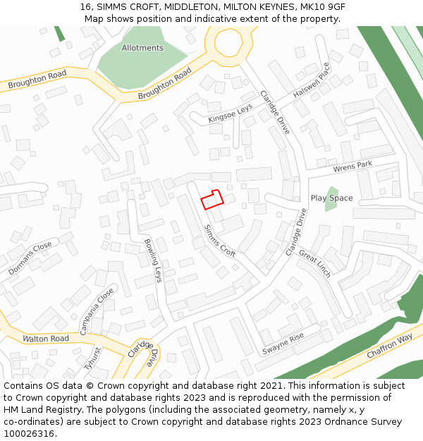 16, SIMMS CROFT, MIDDLETON, MILTON KEYNES, MK10 9GF: Location map and indicative extent of plot