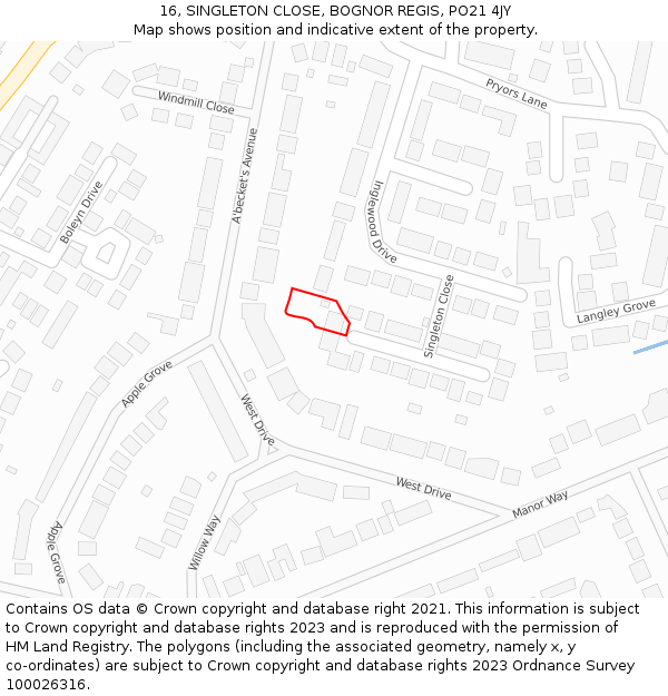 16, SINGLETON CLOSE, BOGNOR REGIS, PO21 4JY: Location map and indicative extent of plot