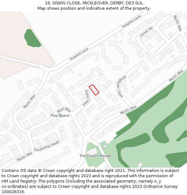 16, SISKIN CLOSE, MICKLEOVER, DERBY, DE3 0UL: Location map and indicative extent of plot