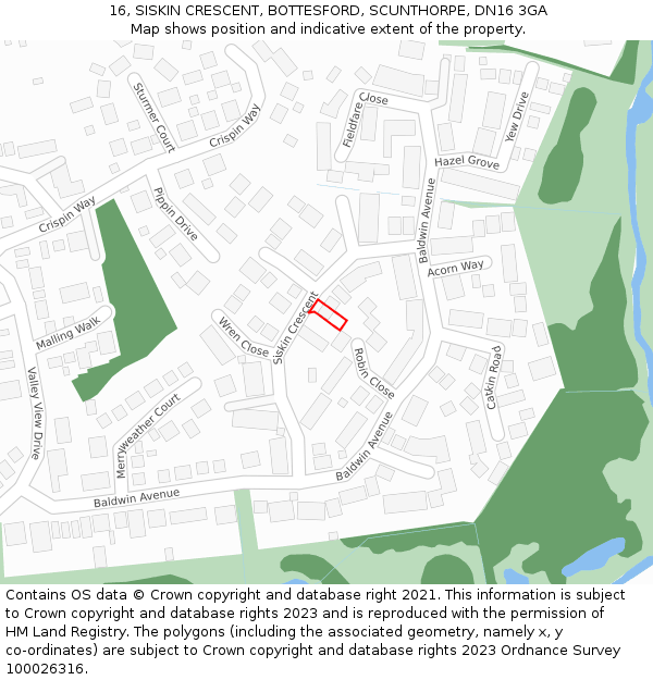 16, SISKIN CRESCENT, BOTTESFORD, SCUNTHORPE, DN16 3GA: Location map and indicative extent of plot