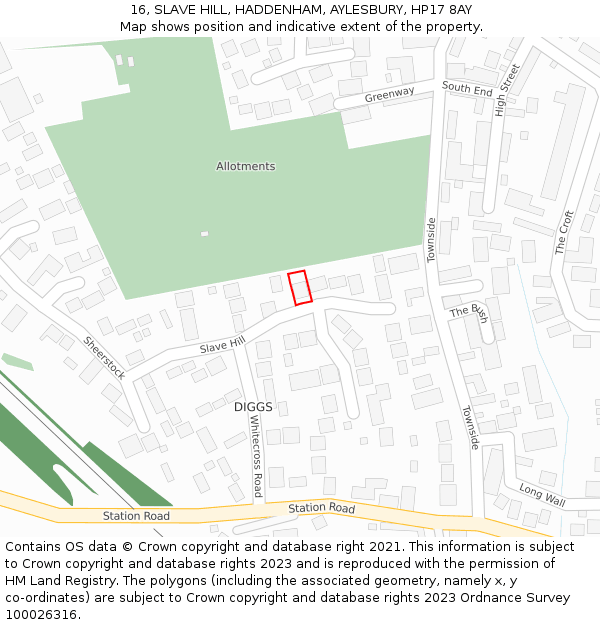 16, SLAVE HILL, HADDENHAM, AYLESBURY, HP17 8AY: Location map and indicative extent of plot