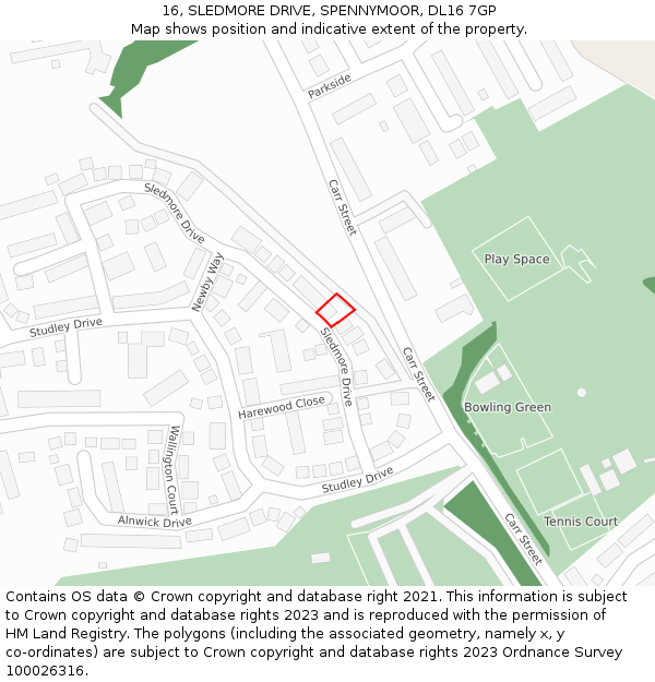 16, SLEDMORE DRIVE, SPENNYMOOR, DL16 7GP: Location map and indicative extent of plot