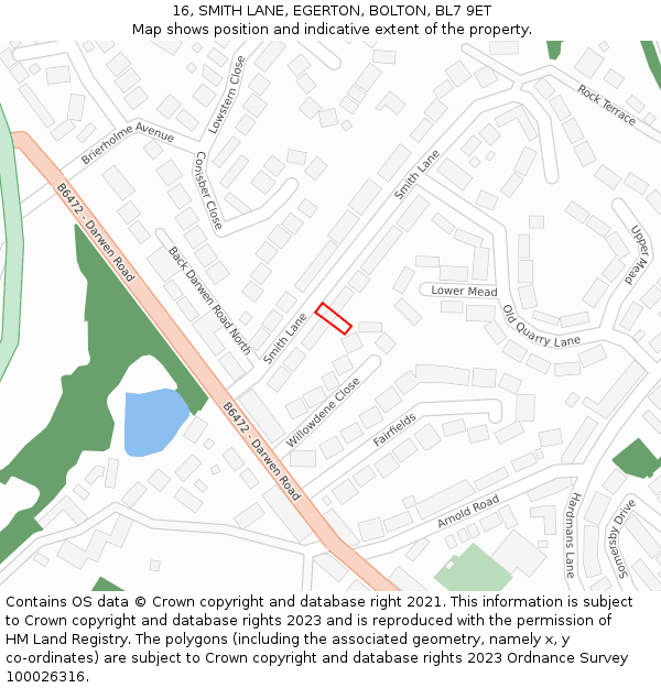 16, SMITH LANE, EGERTON, BOLTON, BL7 9ET: Location map and indicative extent of plot