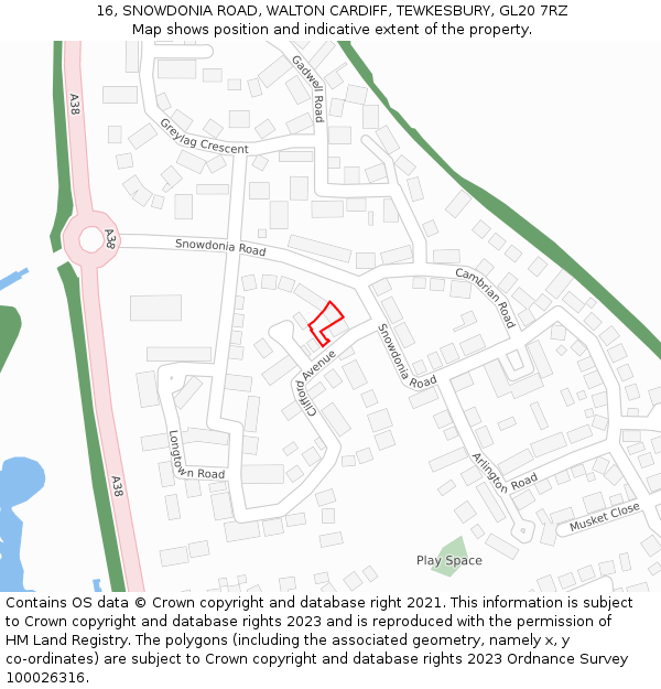 16, SNOWDONIA ROAD, WALTON CARDIFF, TEWKESBURY, GL20 7RZ: Location map and indicative extent of plot