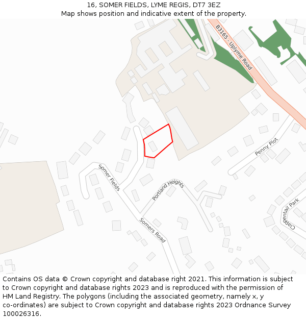 16, SOMER FIELDS, LYME REGIS, DT7 3EZ: Location map and indicative extent of plot