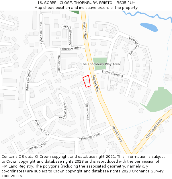 16, SORREL CLOSE, THORNBURY, BRISTOL, BS35 1UH: Location map and indicative extent of plot