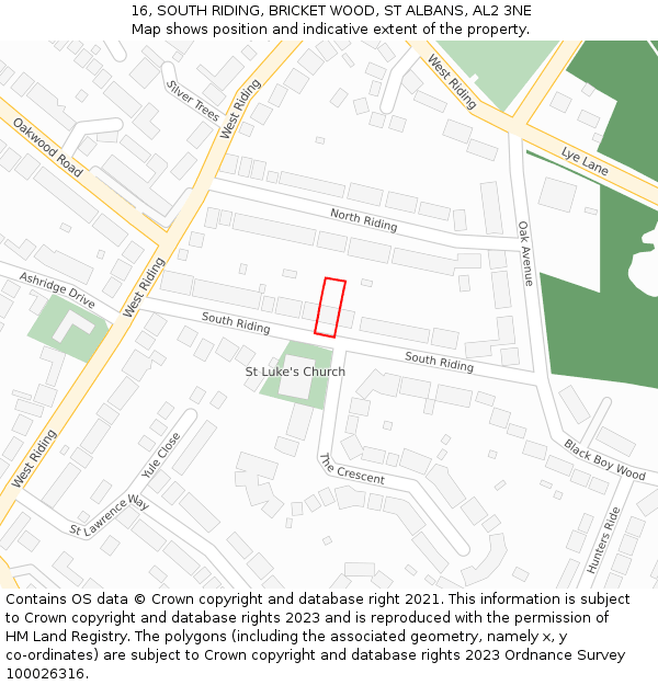 16, SOUTH RIDING, BRICKET WOOD, ST ALBANS, AL2 3NE: Location map and indicative extent of plot