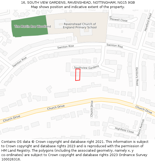 16, SOUTH VIEW GARDENS, RAVENSHEAD, NOTTINGHAM, NG15 9GB: Location map and indicative extent of plot
