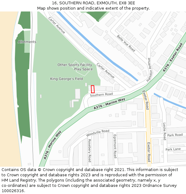 16, SOUTHERN ROAD, EXMOUTH, EX8 3EE: Location map and indicative extent of plot