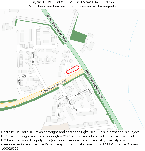 16, SOUTHWELL CLOSE, MELTON MOWBRAY, LE13 0PY: Location map and indicative extent of plot
