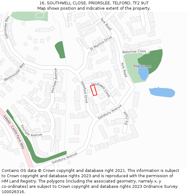 16, SOUTHWELL CLOSE, PRIORSLEE, TELFORD, TF2 9UT: Location map and indicative extent of plot