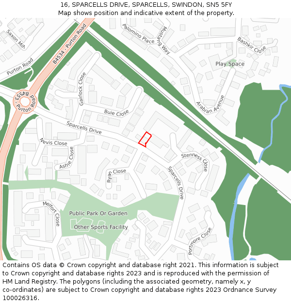 16, SPARCELLS DRIVE, SPARCELLS, SWINDON, SN5 5FY: Location map and indicative extent of plot