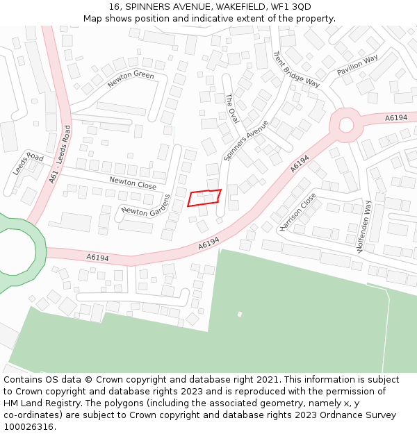 16, SPINNERS AVENUE, WAKEFIELD, WF1 3QD: Location map and indicative extent of plot