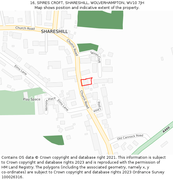 16, SPIRES CROFT, SHARESHILL, WOLVERHAMPTON, WV10 7JH: Location map and indicative extent of plot