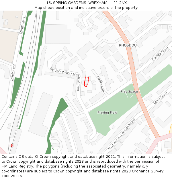 16, SPRING GARDENS, WREXHAM, LL11 2NX: Location map and indicative extent of plot