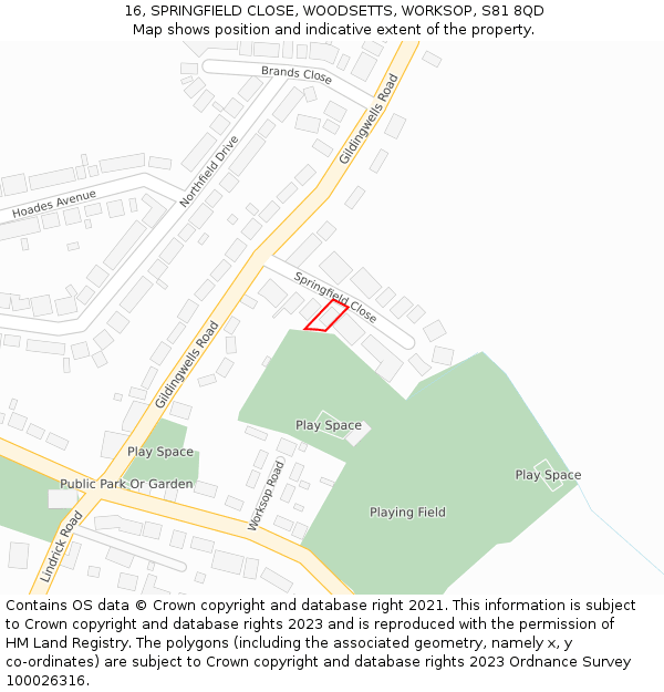 16, SPRINGFIELD CLOSE, WOODSETTS, WORKSOP, S81 8QD: Location map and indicative extent of plot