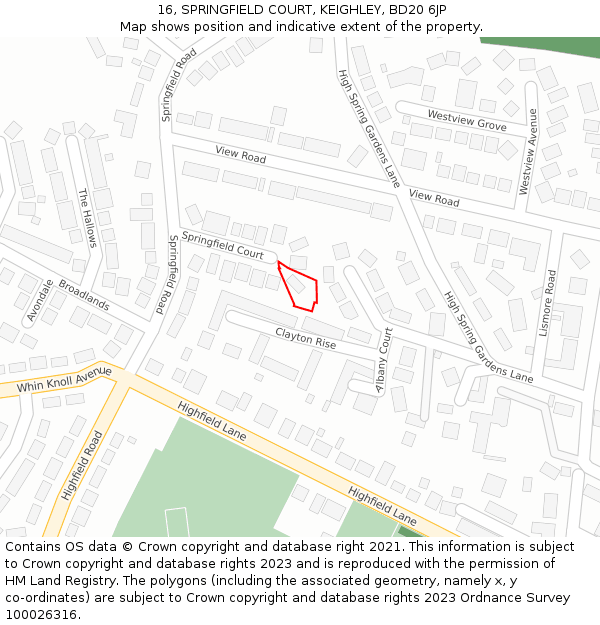 16, SPRINGFIELD COURT, KEIGHLEY, BD20 6JP: Location map and indicative extent of plot