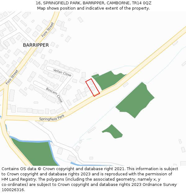 16, SPRINGFIELD PARK, BARRIPPER, CAMBORNE, TR14 0QZ: Location map and indicative extent of plot