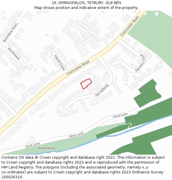 16, SPRINGFIELDS, TETBURY, GL8 8EN: Location map and indicative extent of plot