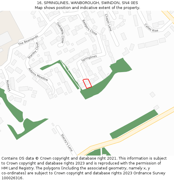 16, SPRINGLINES, WANBOROUGH, SWINDON, SN4 0ES: Location map and indicative extent of plot