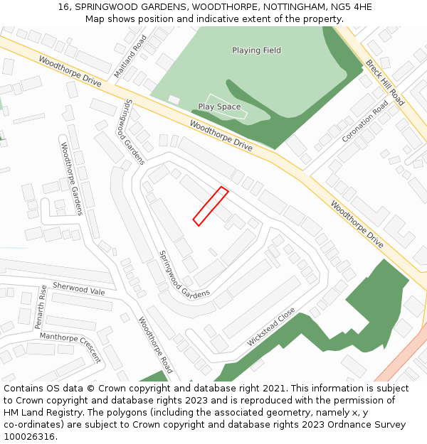 16, SPRINGWOOD GARDENS, WOODTHORPE, NOTTINGHAM, NG5 4HE: Location map and indicative extent of plot