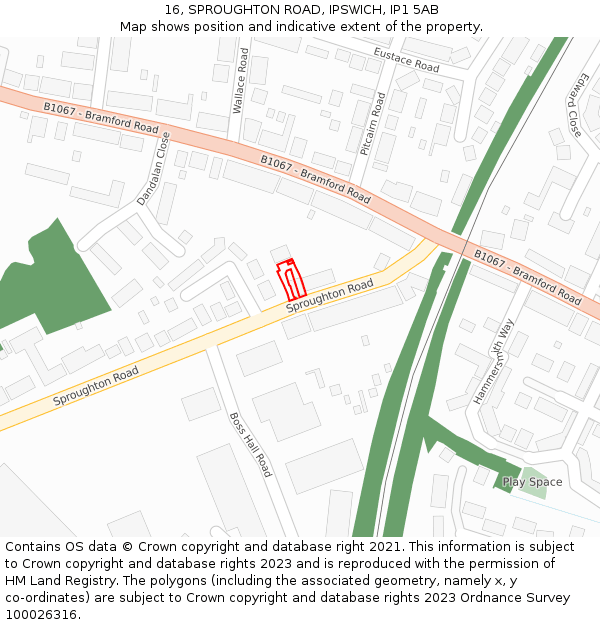 16, SPROUGHTON ROAD, IPSWICH, IP1 5AB: Location map and indicative extent of plot