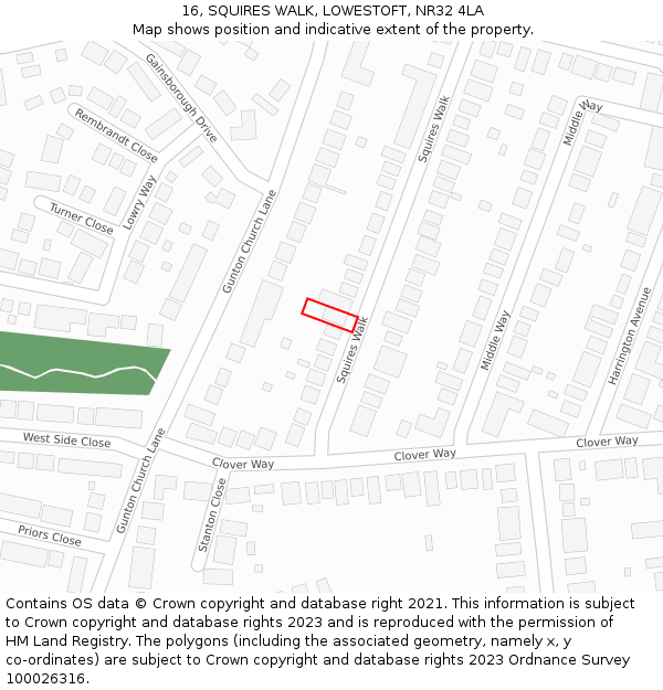 16, SQUIRES WALK, LOWESTOFT, NR32 4LA: Location map and indicative extent of plot