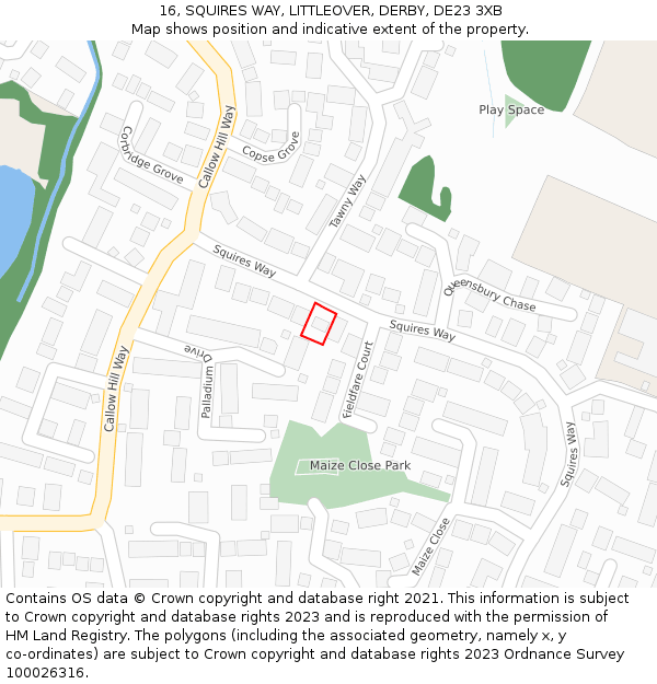 16, SQUIRES WAY, LITTLEOVER, DERBY, DE23 3XB: Location map and indicative extent of plot
