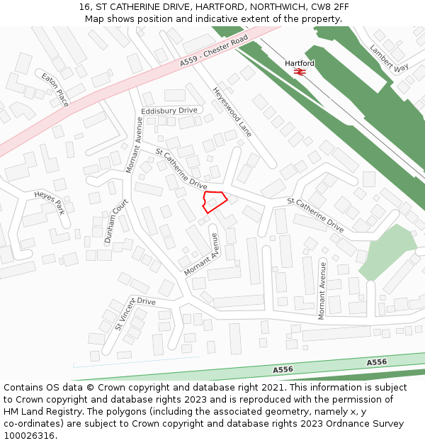 16, ST CATHERINE DRIVE, HARTFORD, NORTHWICH, CW8 2FF: Location map and indicative extent of plot