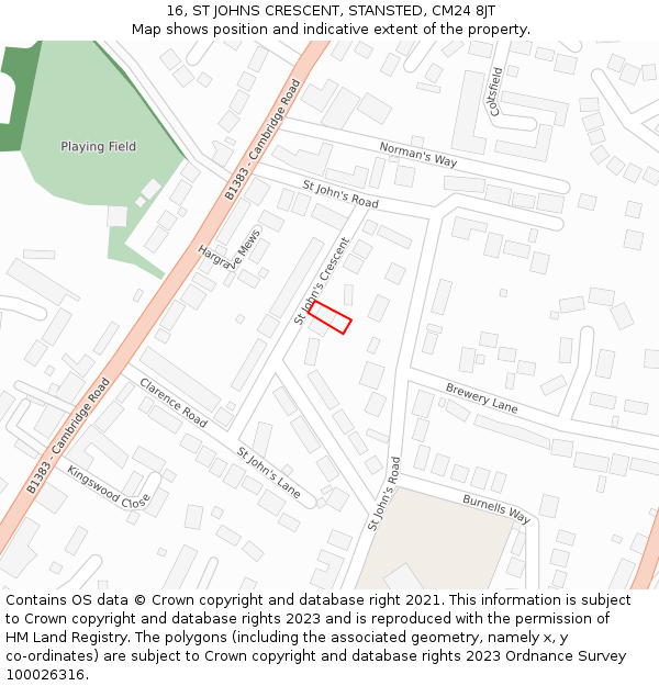 16, ST JOHNS CRESCENT, STANSTED, CM24 8JT: Location map and indicative extent of plot